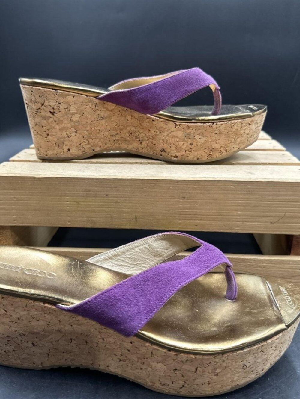 Jimmy Choo Size 39.5 Suede Gold Metallic Size 9 1/2 Wedge Sandals